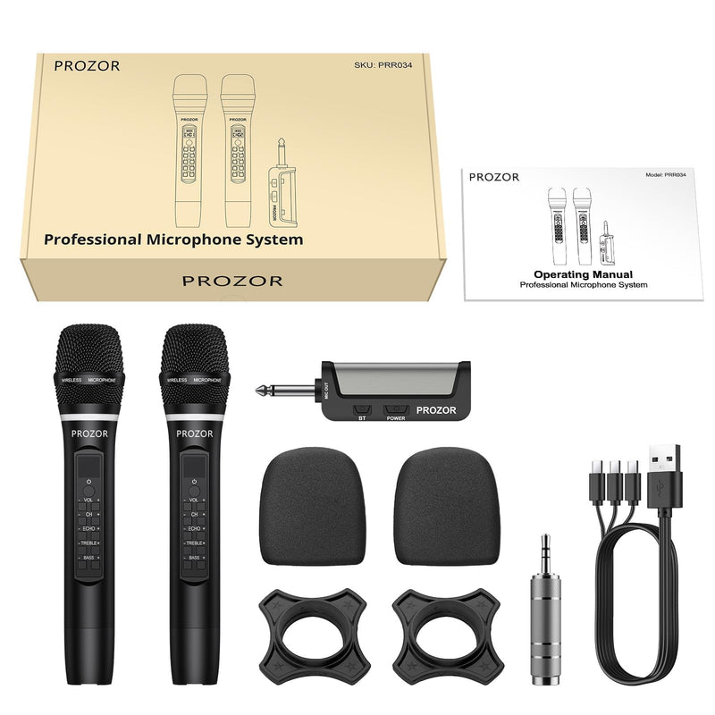 PROZOR UHF Wireless Microphone with Volume Treble Bass Echo Control, Wireless Rechargeable Mic Dual Handheld Dynamic Mic System with Rechargeable Receiver, for Karaoke Machines, DJ, Church, Weddings Rechargeable Portable Bluetooth UHF Mic – Echo Control