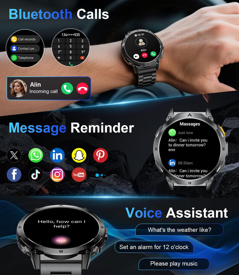 Military Smart Watches for Men, Smartwatch with 730mAh/1.62" AMOLED Screen/Flashlight/Heart Rate/Sleep/Calling/110+ Sports Mode, Rugged Men's Fitness Tracker Watch for Android iOS,Black Black metal band + black silicone