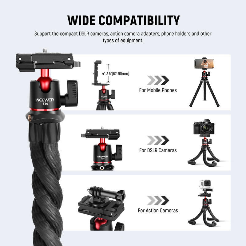 NEEWER Camera Tripod with Remote, Mini Flexible Tripod Stand with Action Camera Mount Adapter for Hero 12 11 10 9, Hidden Phone Holder with Cold Shoe, Vlog Phone Tripod for iPhone, Max Load 4.4lb, T30