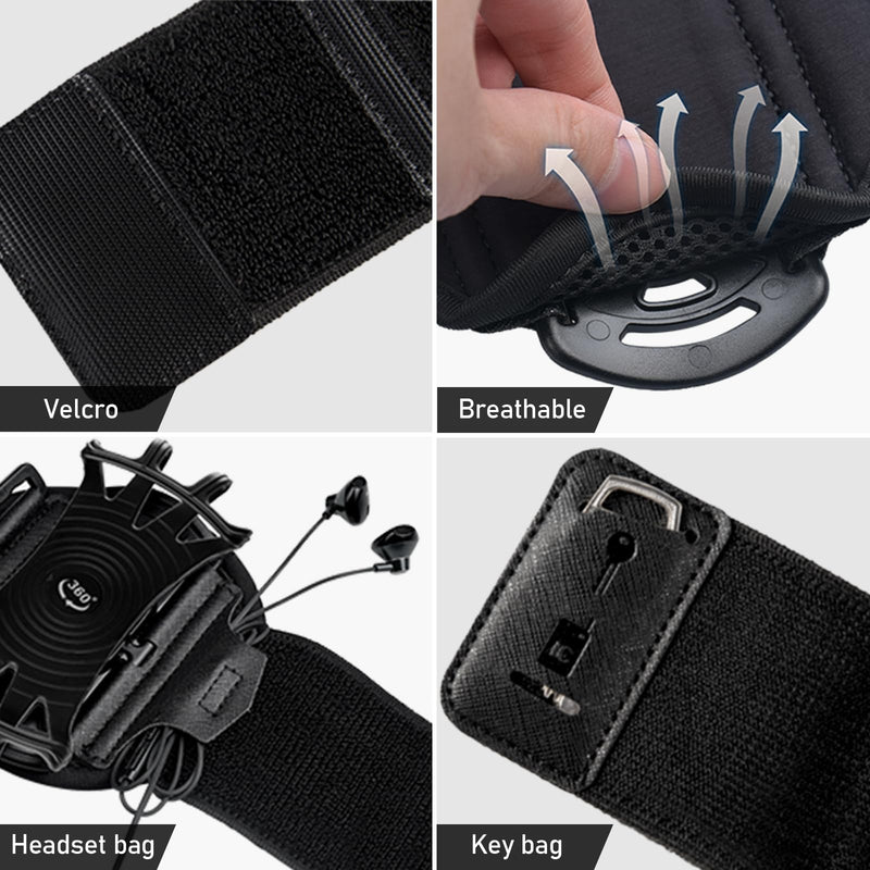 Wristband Phone Holder for Running,Forearm Armbands 360° Rotatable & Detachable Compatible with All 4.5-7 inch Cellphone for iPhone 15/14/Pro/ProMax/13/12/11/mini/XS/XR,for Workout Jogging Black
