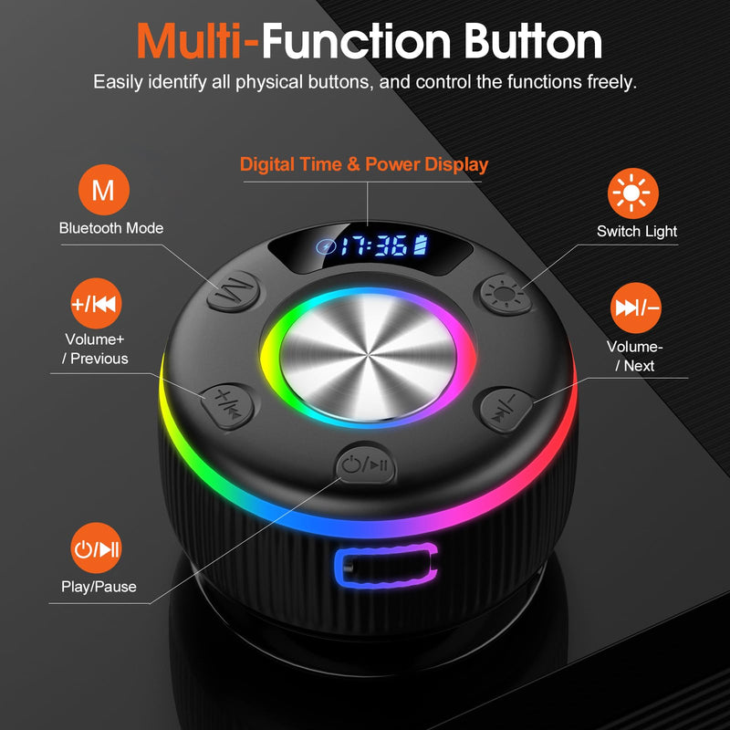 [AUSTRALIA] - Bluetooth Shower Speaker, Portable Bluetooth 5.3 Speakers Wireless with Time Display, IP7 Waterproof Speakers with RGB Light, Suction Cup, Mini Stereo Speaker for Bathroom Party Travel Beach Outdoor Jet Black 