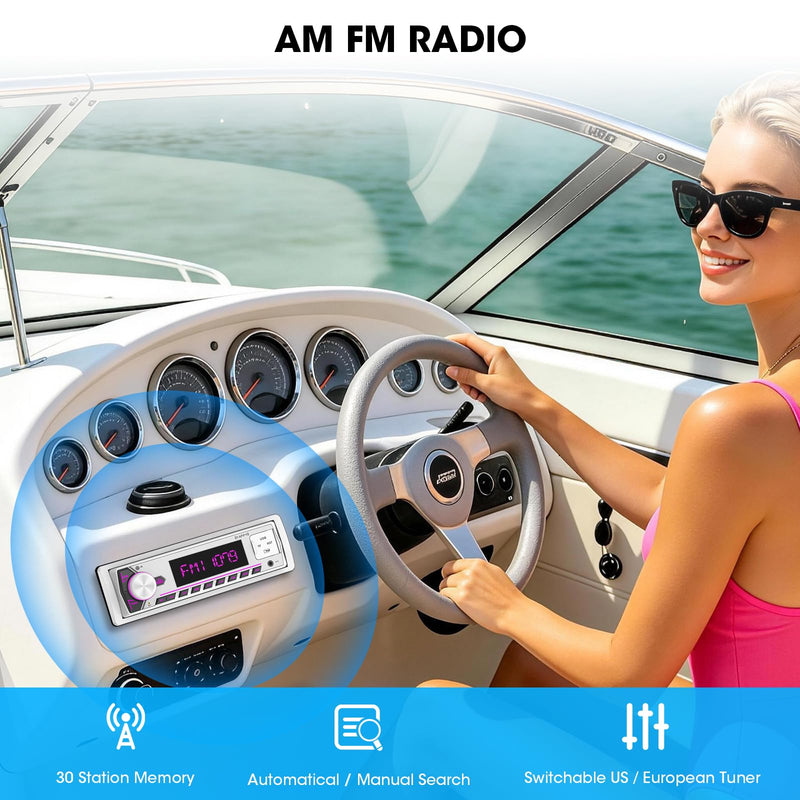 Single Din Bluetooth Marine Radio: Indash Car Stereo Receiver for Boat | Digital LCD Display AM FM AUX SD USB Fast Charging 2 Subwoofer Outputs White