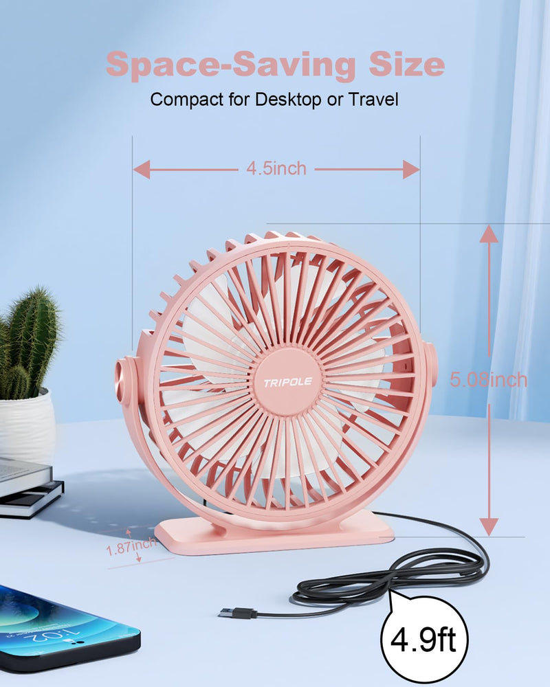 TriPole USB Desk Fan Mini Portable Personal Fan, 3 Speeds Adjustable Strong Breeze Small Electric Fan, 360° Rotation Quiet Plug In USB Fan for Desktop Bedroom Office Table Travel Cruise, Pink, 4.5in