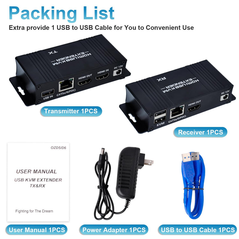 164ft HDMI KVM USB Extender (Transmitter + Receiver) | HDMI to RJ45 Over Cat5e/6/7, Zero Latency 1080p@60Hz USB Keyboard/Mouse Control, Single Power Plug & Play