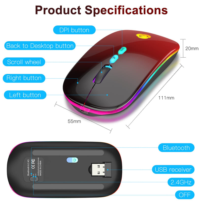 LED Wireless Mouse Bluetooth &2.4GHz Instant Connection,Rechargeable Ultra Silent Slim,3 Adjustable DPI 2 Connection Modes with USB-C to USB Adapter for Laptop/MacBook/PC/Tablet/iPad (Black-red) Black-red
