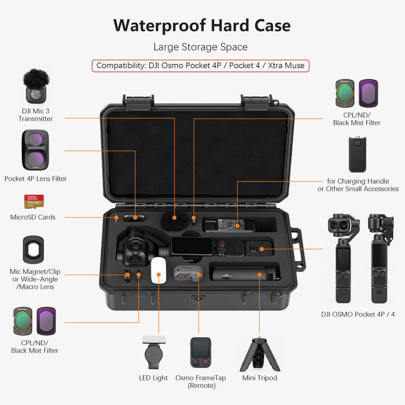 AMAZEAR Waterproof Hard Case Compatible with DJI OSMO Pocket 4P, Pocket4 Pro Creator Combo Accessories Small Hard Shell Cover Travel Hardcase for Carrying, Protection, Storage, Organization, Black