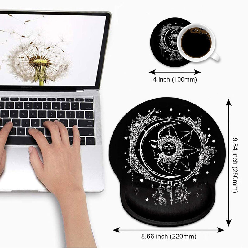 Ergonomic Mouse Pad Wrist Support and Cute Coffee Coaster, Celestial Theme Sun with Crescent Moon Design Wrist Rest Mousepad, Pain Relief Wrist Mouse Pads for Computer Laptop Home Office Bos-wrist Mp-15