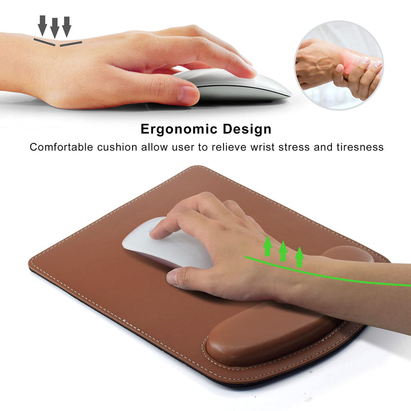 ZORESYN PU Leather Gaming Mouse Pad with Wrist Rest Support, Ergonomic Memory Foam Mouse Wrist Rest Pad, Non Slip Mousepad - Large, Brown Light Brown WMP-01