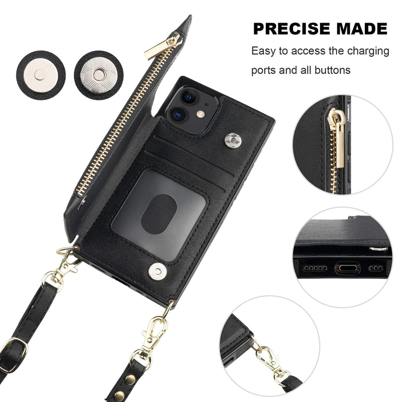 [AUSTRALIA] - Bocasal Crossbody Wallet Case for iPhone 12/12 Pro with Card Holder,Zipper Card Slot Protector Shockproof Purse Cover with Removable Cross Body Strap 6.1 Inch(Black) Black For iPhone 12/12 Pro 6.1 inch dispaly 