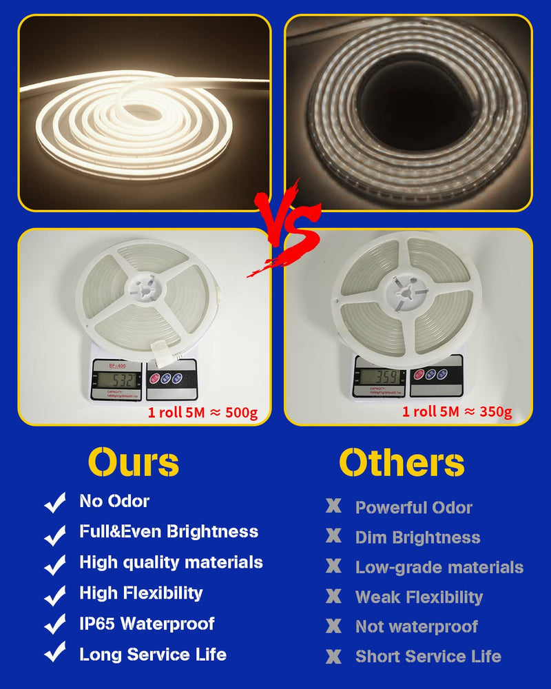 Warm White Neon LED Strip Light, DC 12V 600 SMD2835 LED Neon Rope Lights,Upgraded 16.4ft/5m Led Light Strips Flexible waterproof for Indoor/Outdoors Home Decoration/DIY Warm White