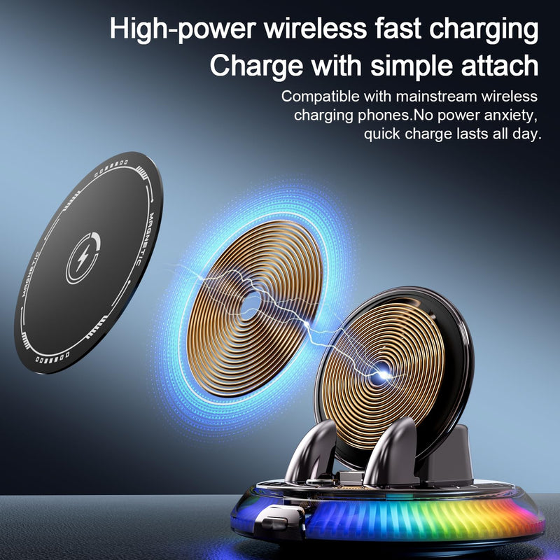 Wireless Car Charger Phone Holder for Dashboard,One-Hand Operation 15W | Fast Charging for MagSafe iPhone , 7-Color RGB Light On/Off, 360° Rotating View, Automatic Dual-Hook Locking