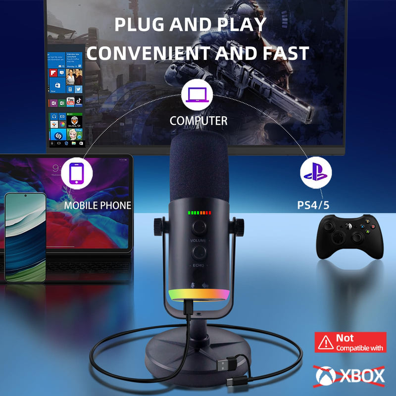 YU7 USB/XLR Dual-Mode Dynamic Gaming Microphone for PS5/PC/Mac/mobile Phones, 48kHz HiFi, Noise Reduction, RGB Gaming Light YouTube/TikTok Streaming Live mic, Can be Used for Microphone Stand