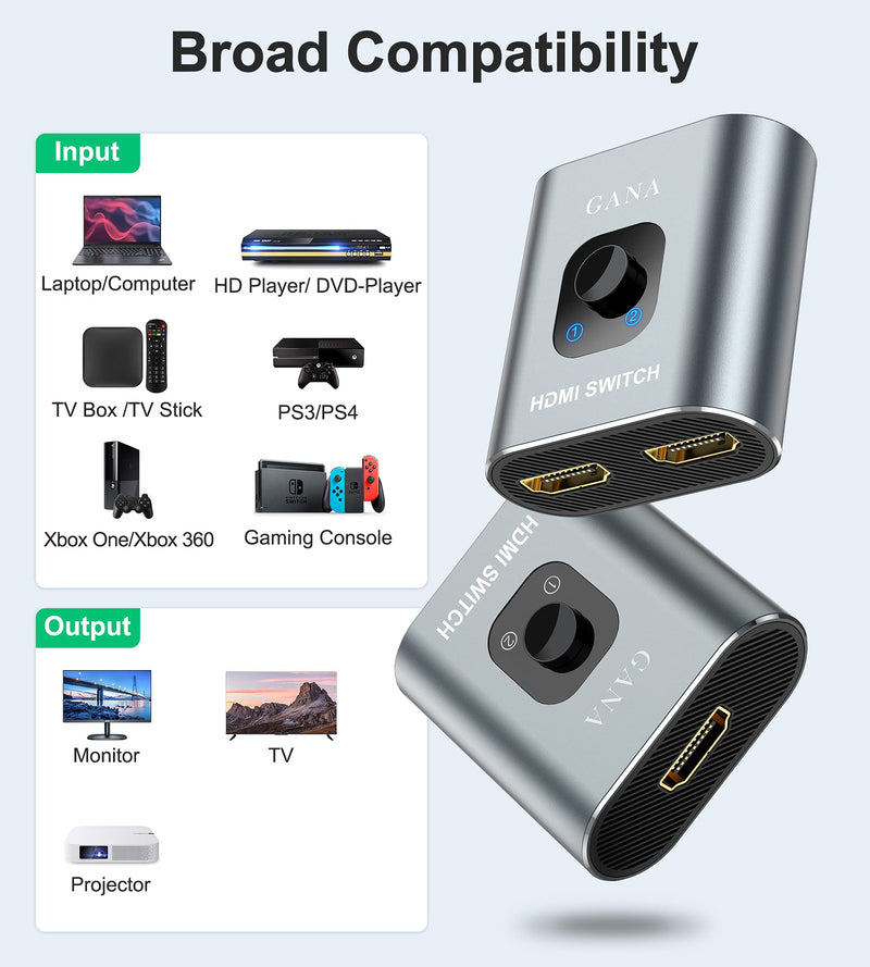 HDMI Switch 4k HDMI Splitter-GANA Aluminum Bidirectional HDMI Switcher,HDMI Switch Splitter 2 in 1 Out, Manual HDMI Hub Supports HD 4K@60hz for Blu-Ray-Player Fire Stick Xbox(Only ONE monitor)