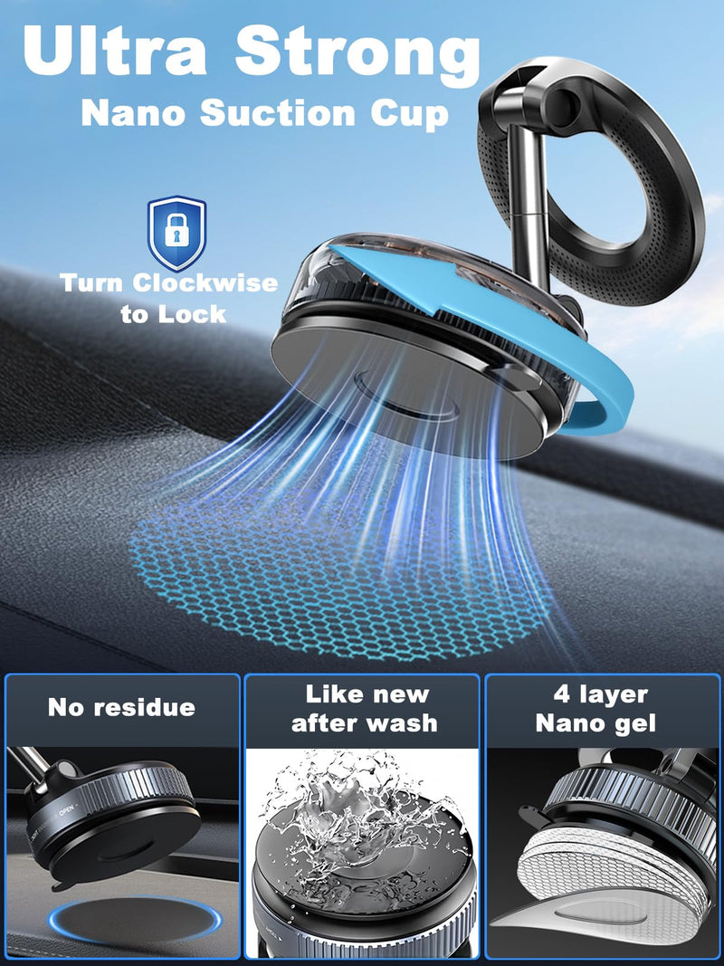 snanlen Upgraded 360° Nano Gel Vacuum Magnetic Phone Holder, Car Phone Holder for Magsafe[108+LBS Strongest Suction & 3000gf Strongest Magnetic], Suction Cup Phone Mount for Car/for iPhone 17 Pro Max Black