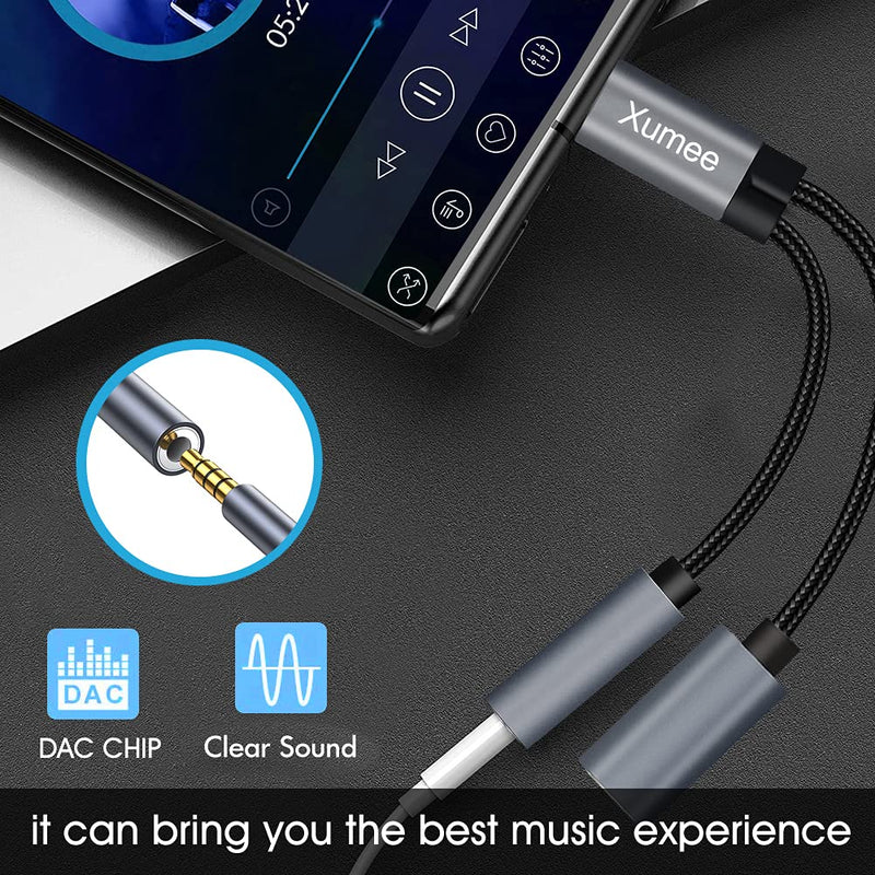 Xumee USB Type C to 3.5mm Headphone and Charger Adapter, 2-in-1 USB C to Aux Audio Jack Hi-Res DAC and Fast Charging Dongle Cable Compatible with iPhone 15 Pro Max,Galaxy S24 S23 Ultra S22 S21 (Grey) Grey