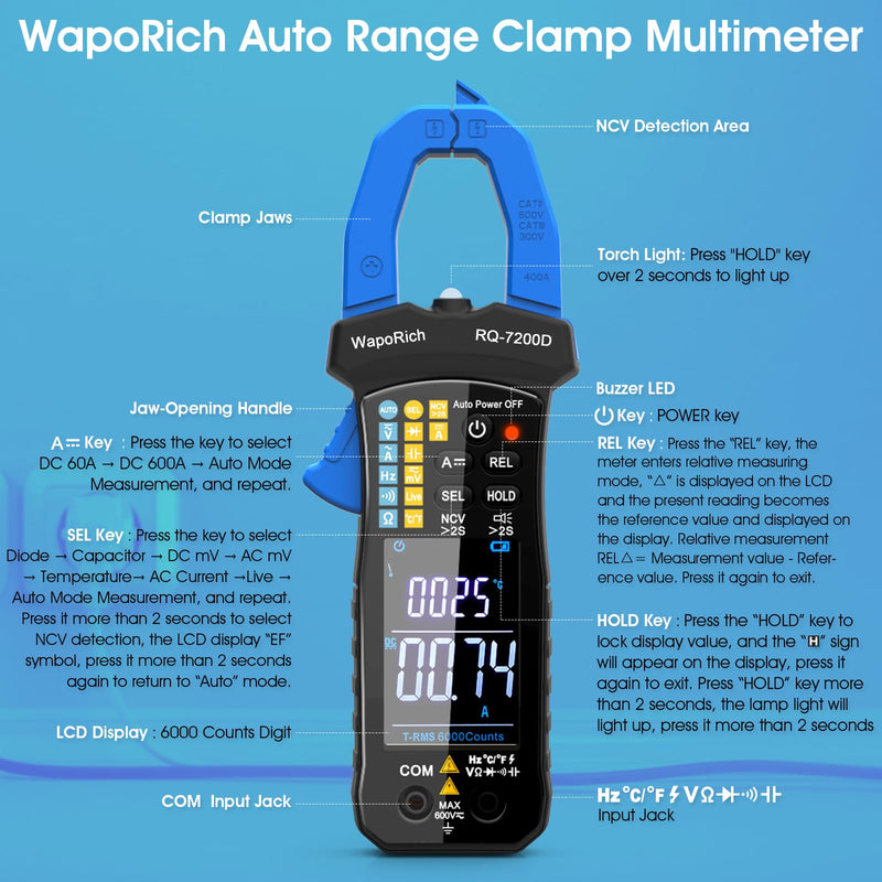 Digital Clamp Meter TRMS 6000 Counts Multimeter, WapoRich Ammeter Voltmeter Tester with Auto Range NCV Measures AC DC Voltage Current Resistance Continuity Capacitance Diodes Temp Frequency RQ-7200D