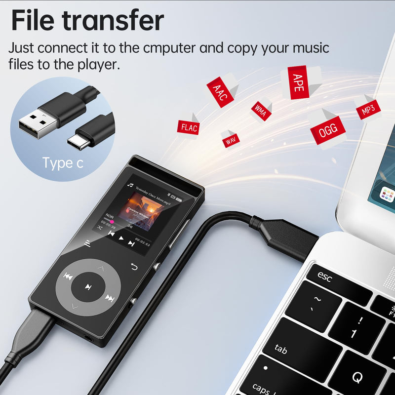 [AUSTRALIA] - 90G MP3 Player with Bluetooth 5.3, MP3 Players Build-in Touch Buttons, E-Book, Color Screen, HiFi Sound Portable Music Player for Kids,Supports up to 128GB, Earphones Included (Black) Black 