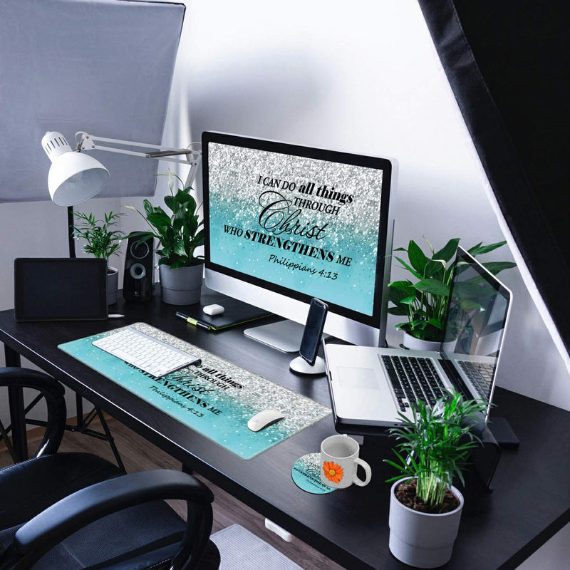 Desk Mat Gaming Mouse pad for Laptop Computer,Blue Flash Bible Pattern Customized Design Desk pad, Home Office Accessories, with Coasters & Cute Stickers Christ Bible 4:13 Quote