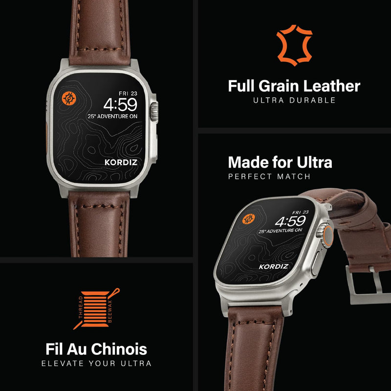 KORDIZ Traditional Leather Band for Apple Watch ULTRA 3, ULTRA 2/1 & Series 11, 10, 9, 8, 7-1, SE3, SE2, SE - Genuine Full Grain Leather Wristband - Men Women Replacement Band for iWatch Apple Watch [ 49mm 46mm 45mm 44mm ] ULTRA Silver 49mm | Dark Brown