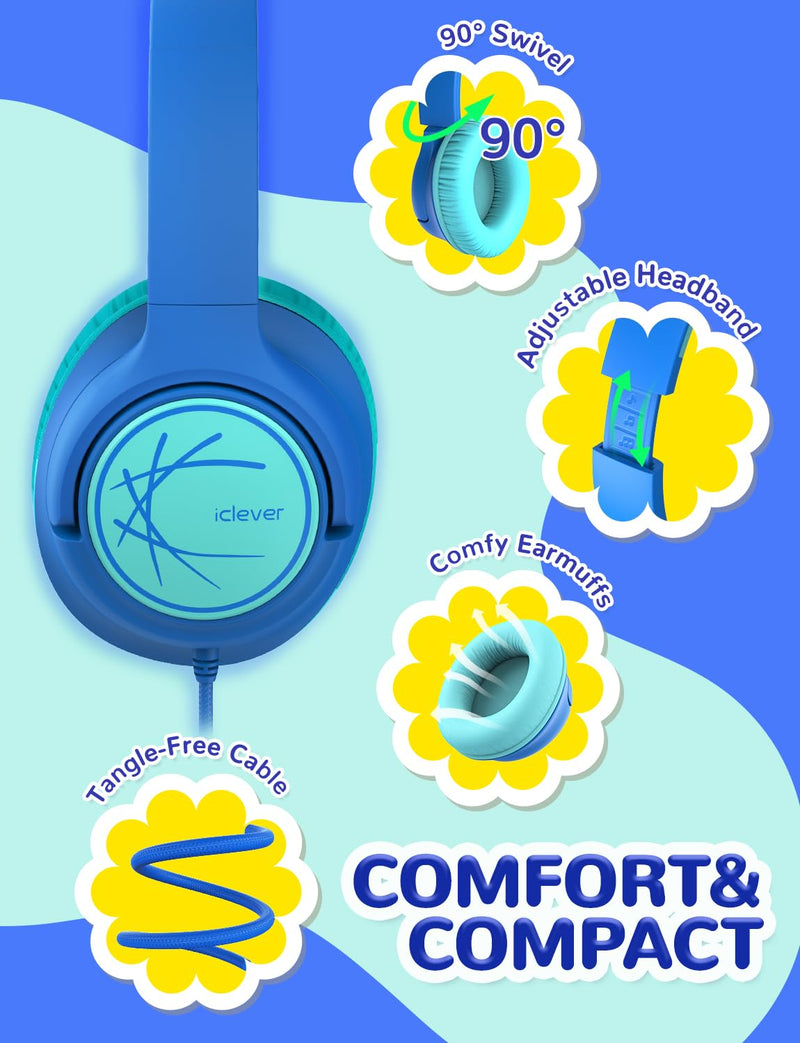 iClever Kids Headphones with Cord, 85dBA Safe Volume Wired Headphones for Kids, Stereo Sound Foldable Adjustable, 3.5mm Jack, Over Ear Kids Headphones for School/Boys/Girls/iPad/Tablet/Travel, Blue