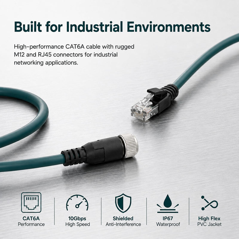 M12 X-Coded 8-Pin Female to RJ45 Male Ethernet Connector Cable, 5m | CAT6A 10Gbps Shielded 26AWG IP67 Waterproof Industrial Ethernet Adapter Cable for PLC, Machine Vision and Automation Systems Female X-8Pin to Male RJ45
