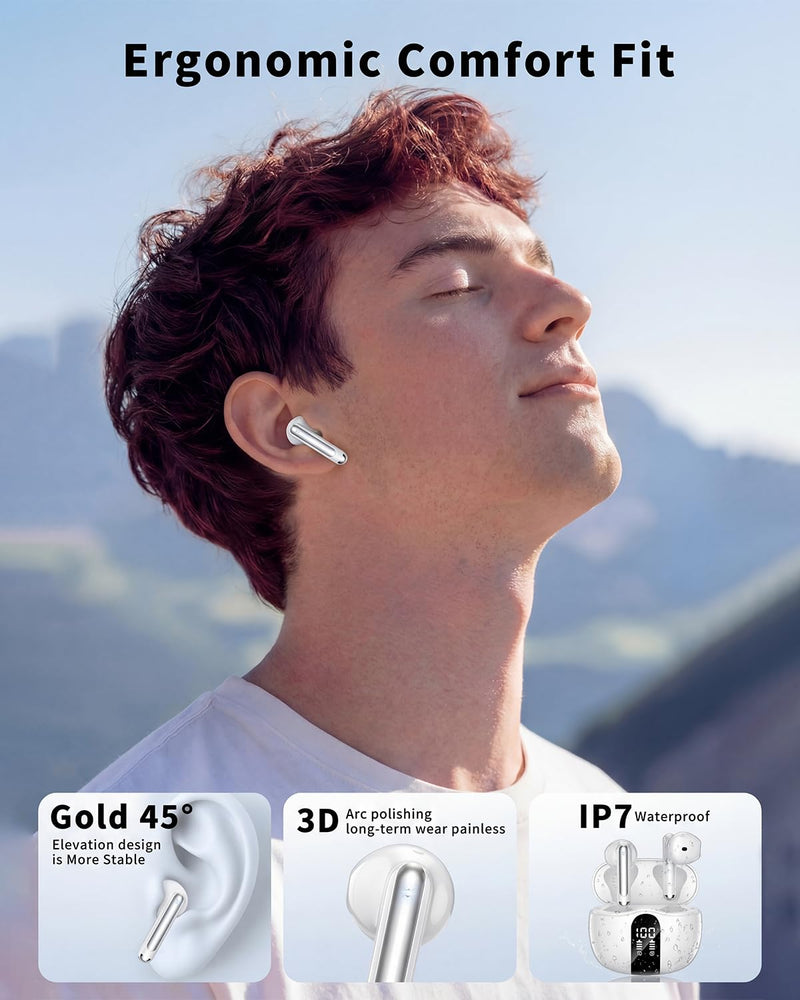 Wireless Earbuds, 2026 Bluetooth 5.4 Headphones Bass Stereo Ear Buds with Noise Cancelling Mic, LED Display in Ear Earphones 50H Playtime Ear Buds, IP7 Waterproof for Laptop Pad Phones Pure White