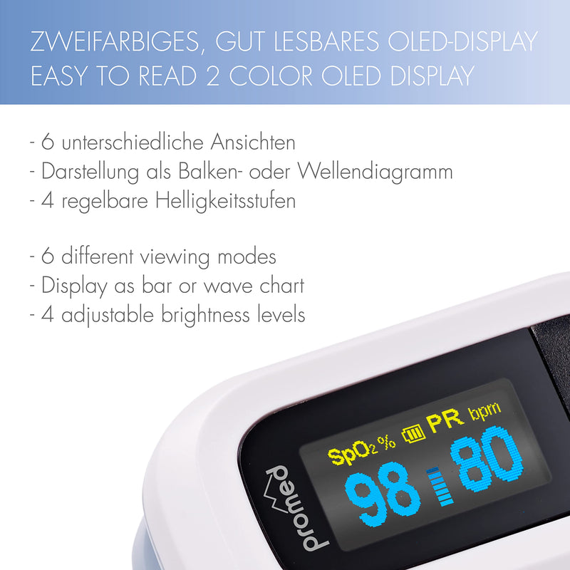 Promed Pulse Oximeter PM-200 Pro, Easy Measurement of Heart Rate & Oxygen Saturation in the Blood, Finger Pulse Oximeter with OLED Display and Automatic Shut-Off