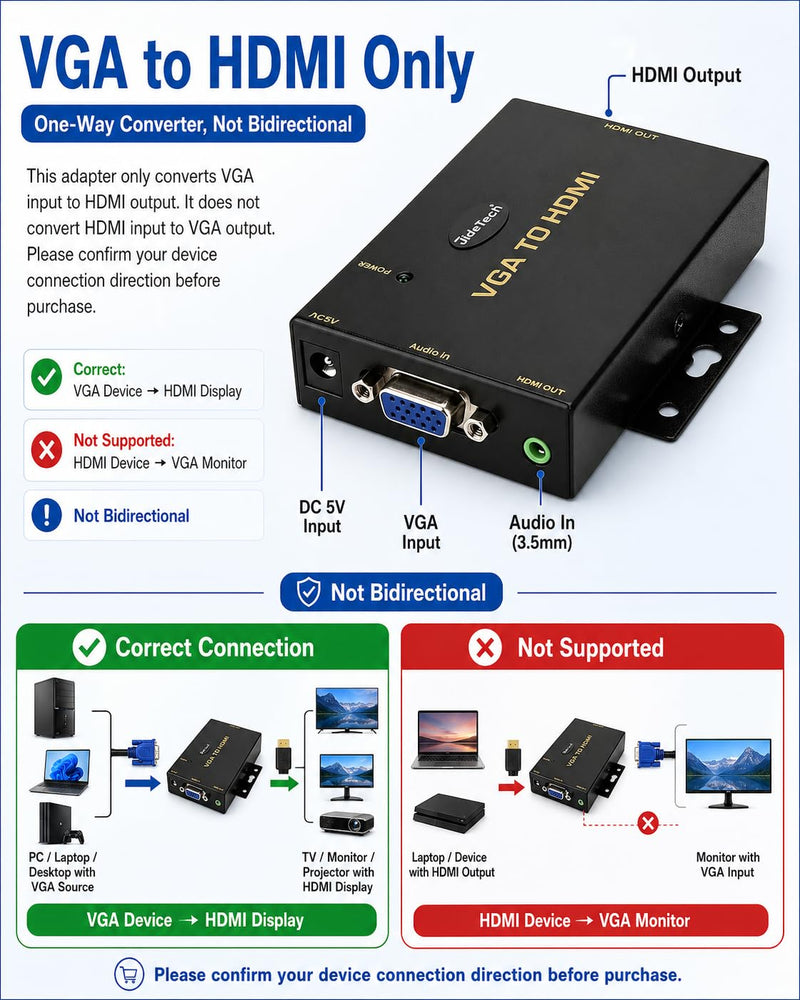JideTech VGA to HDMI Converter with Audio, One-Way VGA Source to HDMI Display Adapter, 1080P Active Converter, DC 5V Powered, 3.5mm Audio Input, for HDTV, Monitor and Projector