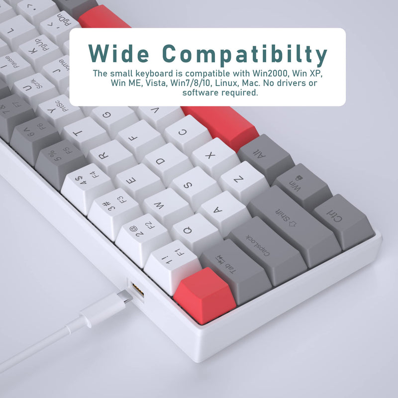 60% Mechanical Gaming Keyboard, Grey&White Gaming Keyboard with Hot Swappable Linear Red Switches, Wired Detachable Type-C Cable Mini Keyboard with Powder Blue Backlight for Windows/Mac/PC/Laptop grey&white with hot swappable red switch