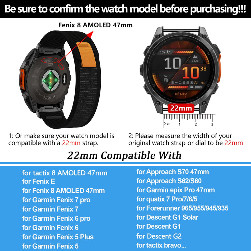 22mm Watch Bands for Garmin Fenix E/Fenix 8/Tactix 8 AMOLED 47mm/Fenix 7/Fenix7 Pro/Fenix 6 Pro/Fenix 6,QuickFit Band for Garmin Fenix5/Fenix 5 Plus/Forerunner 965/945/Descent G2/G1 Solar