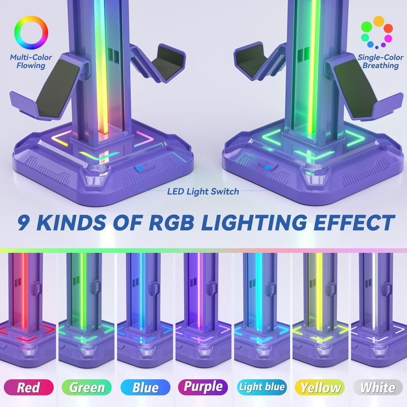 KDD RGB Headset Stand with 9 Light Modes - Controller Holder for Desk - Rotatable Headphone Stand & Detachable Controller Hook for PC Earphone Accessories(Purple) Purple