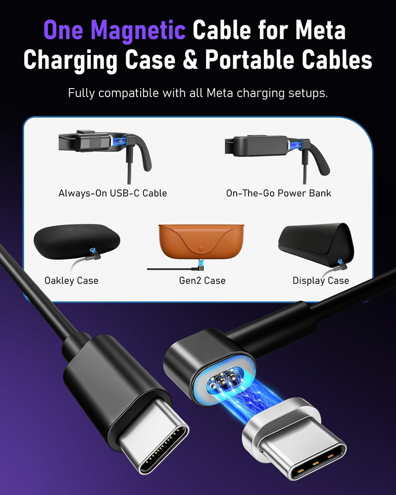 Wearable Battery Pack Charger + Magnetic Charging Cable Compatible with Ray-Ban & Oakley Meta Smart Glasses Gen 1 & Gen 2, Ultra-Light Mini Power Bank & USB-C Magnetic Cable for Wayfarer, Headliner, S
