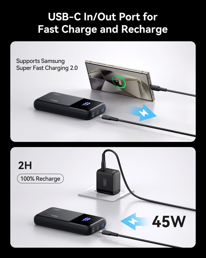 INIU Power Bank, 20000mAh 65W USB C Laptop Portable Charger, PD QC Fast Charging 3-Output External Battery Pack for Laptop MacBook Dell XPS iPad Tablet Steam Deck iPhone 16 15 14 Pro Samsung S22 etc Classic Size Black