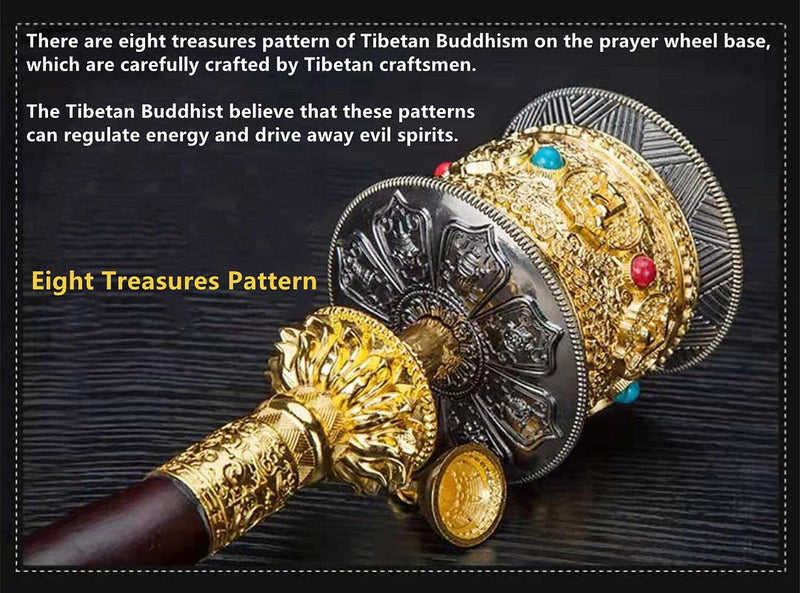 Copper Large Hand Held Prayer Wheel with Tibetan Buddhist Six-Character Truth Premium Buddha Scriptures, Wooden Handle Prayer Wheel for Praying, Blessing, Meditation, Healing, Relaxing, Yoga