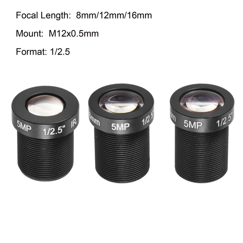 MECCANIXITY CCTV Lens 8mm/12mm/16mm 5MP F2.0 FPV Wide Angle for CCD Camera, 3 Pack