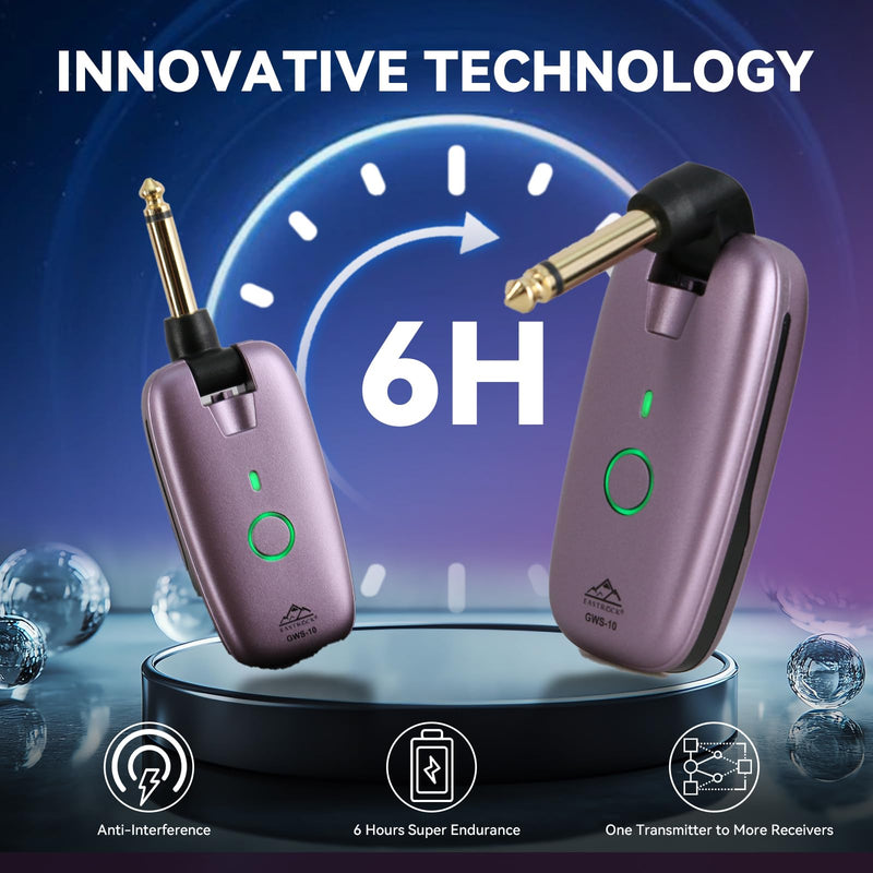 EASTROCK Wireless Guitar System – Purple, UHF 7-Channel Rechargeable Transmitter & Receiver, 6H Battery, 1/4” & 1/8” Plug for Guitar & Bass