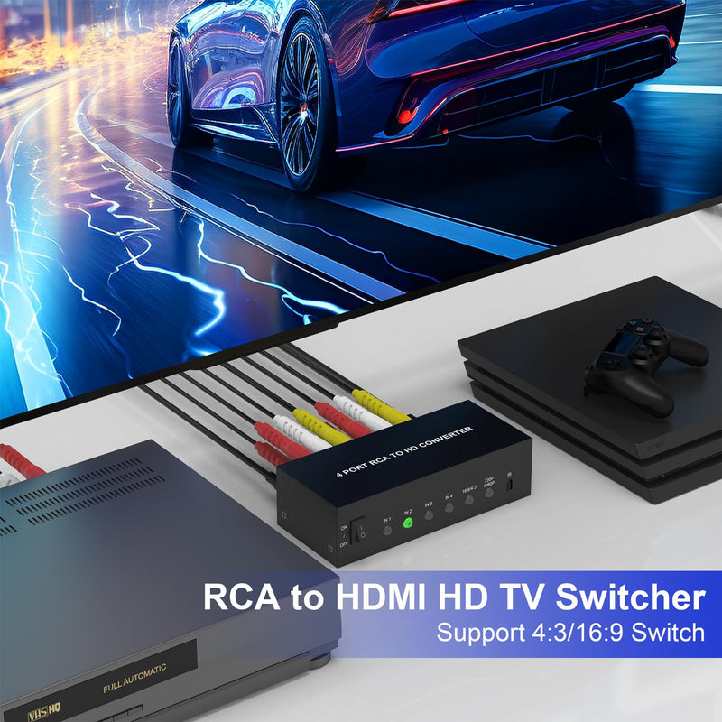 4 Port RCA to HDMI Converter AV to HDMI Adapter - 1080P/720P Red White Yellow Composite Component to HDMI Converter for TV/AUX/N64/PS2/PS3/VHS/VCR/DVD Players, Support 4:3/16:9 RCA Switch(With Remote)