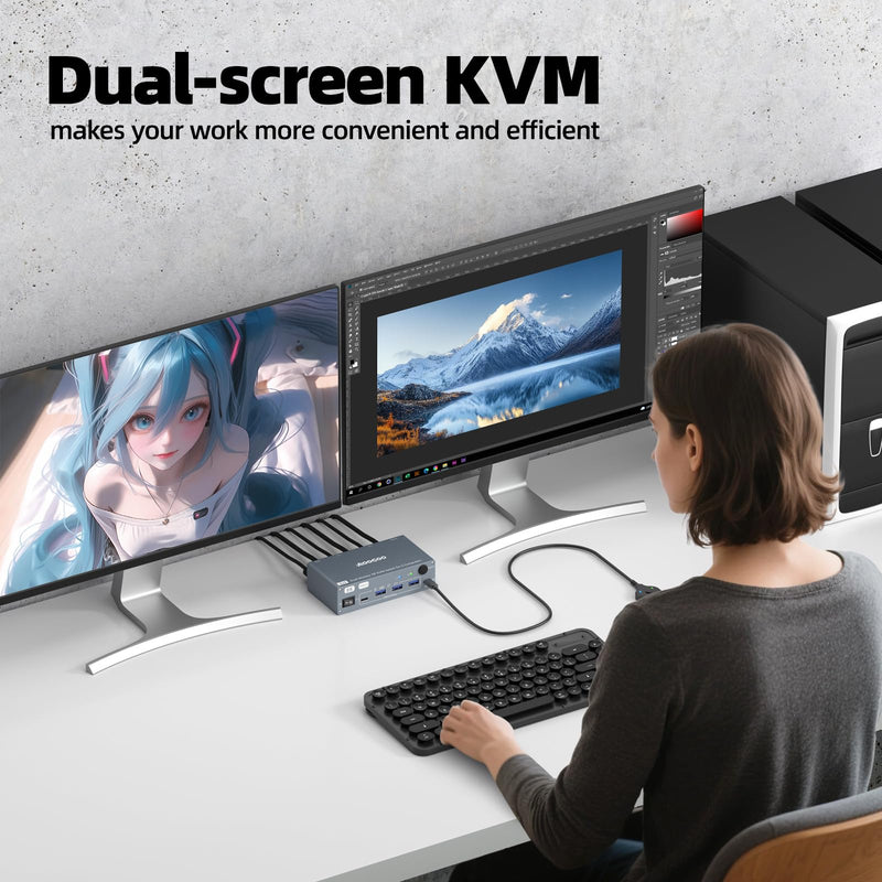Displayport KVM Switch 2 Computers 2 Monitors, 8K@60Hz/4K@240Hz Dual Monitor KVM Switch for 2 PCs Share 2 Monitors, with 4 USB3.0 Ports, USB Cables and Power Adapter,Grey 12cm DP KVM Grey 12 cm DP 2 in 2 Out