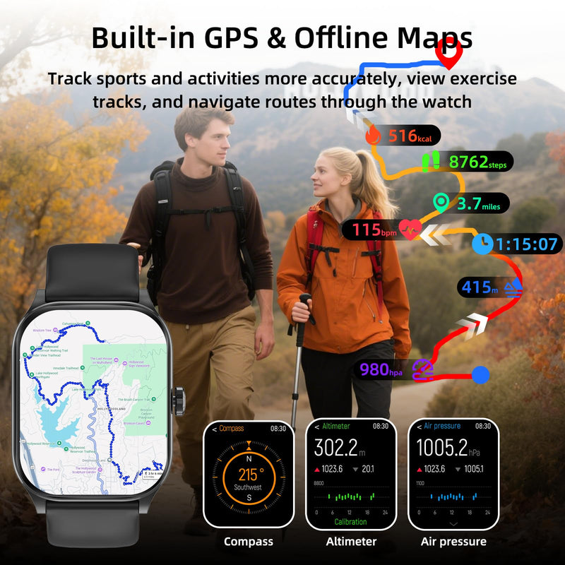 Smart Watch, GPS & Free Maps, 1.96" HD Screen, AI, Bluetooth Call & Text | 24/7 Health, Fitness & Sleep Tracker, 100+ Workout Modes, 5 ATM Water-Resistance, for Men & Women, Android & iOS, 2 Bands Black 1.96"