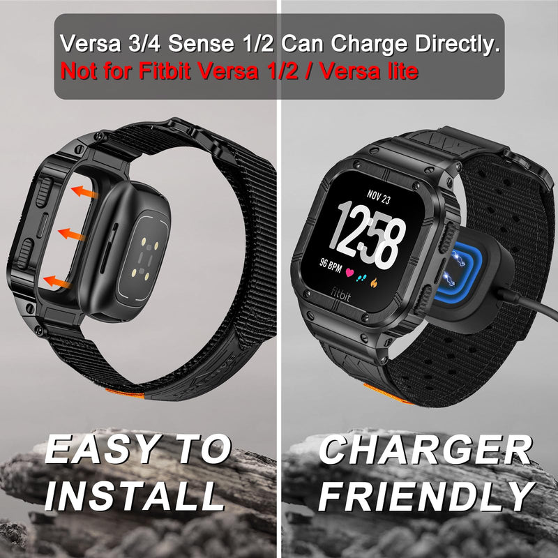 MioHHR Nylon Bands with Stainless Steel Case for Fitbit Versa 4 3 2 1 Lite | Breathable Adjustable Strap and Metal Protective Cover Compatible with Fitbit Sense 2 1 for Men 6.1"-8.9",Durability Black Large-（6.7''-8.9''）