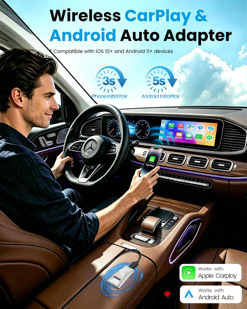 2-in-1 Wireless CarPlay & Android Auto Adapter, Convert Wired to Wireless | RTL8730E Dual Core Chip, WiFi 6 & BT5.3,Cyberpunk Aluminum Alloy,Plug & Play,Auto-Reconnect,iPhone iOS 10+ / Android 11+,