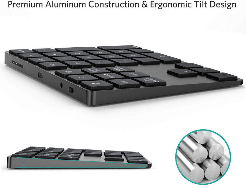 Bluetooth Numeric Keypad, Rechargeable Aluminum 34-Key Number Pad Slim External Numpad Keyboard Data Entry Compatible for MacBook, MacBook Air/Pro, iMac Windows Laptop Surface Pro etc Black