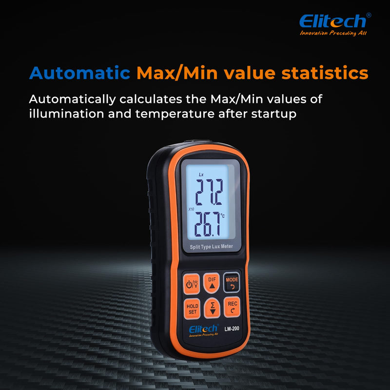 Elitech Digital Light Meter LM-200, Handheld Illuminance Meter with LCD Display, 200,000 Lux Range, Temperature Measurement