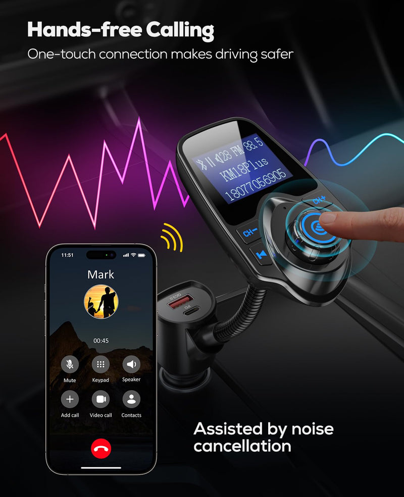 Nulaxy [2026 KM18 Upgraded Version] 48W Bluetooth 5.4 Car Adapter with Fasting Charging Ports [PD 30W & QC3.0 18W], Supports Hands-Free Call, 1.44" Screen Wireless Radio FM Transmitter, Black