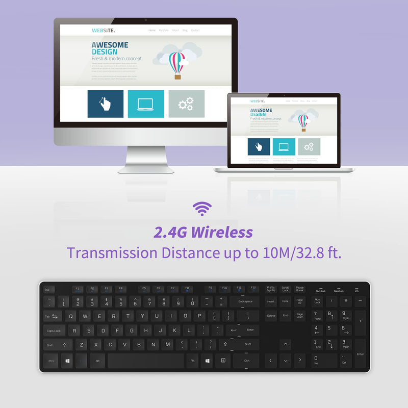 BFRIENDit Wireless Keyboard Ultra - Quiet Chocolate Keys 2.4GHz Connection Slim Wireless Computer Keyboard for Windows 10/8/7/Vista, Microsoft & PC, Smart TV, RF1430K - Black