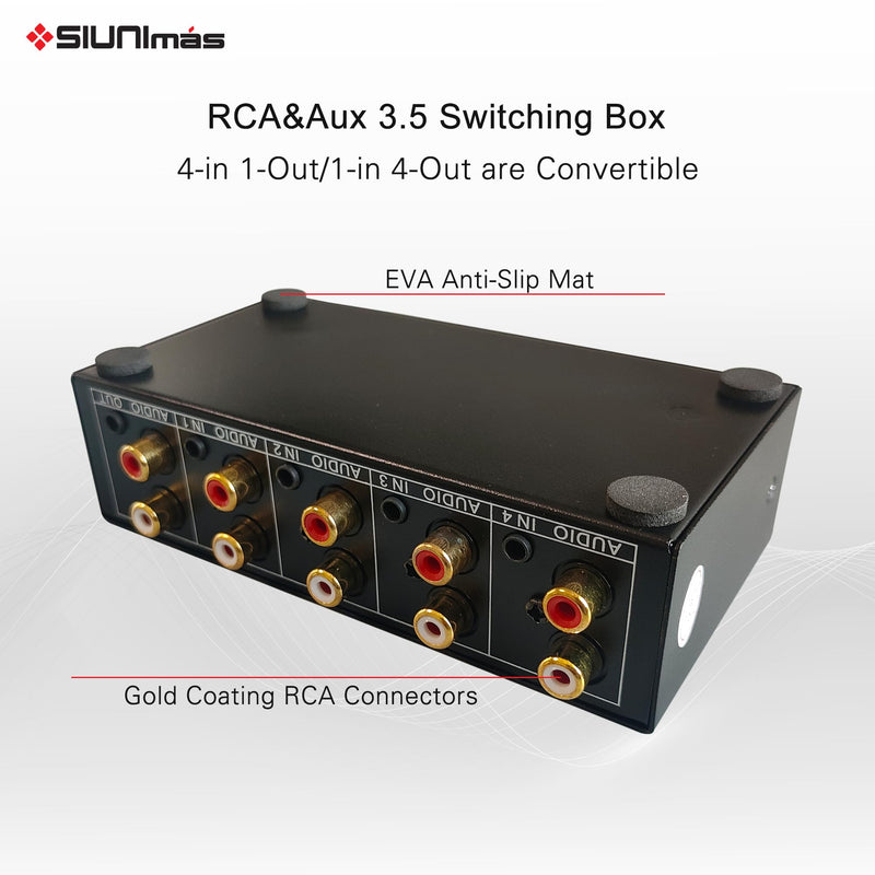 4-in 1-Out RCA and 3.5mm Aux Audio Receiver Switching Box 4 Channels Audio Converter Passive Audio Selector Switch Box 1-in 4-Out (S401-RCA AUX) S401-RCA AUX