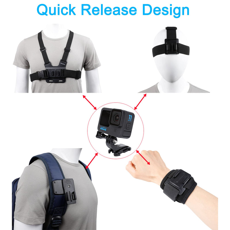Accessories Set for GoPro Hero 12/11/10/9/8/7/6/5/4,New Quick Release Head Strap Mount + Chest Mount Harness + Backpack Clip Holder + 360°Rotating Wrist Strap