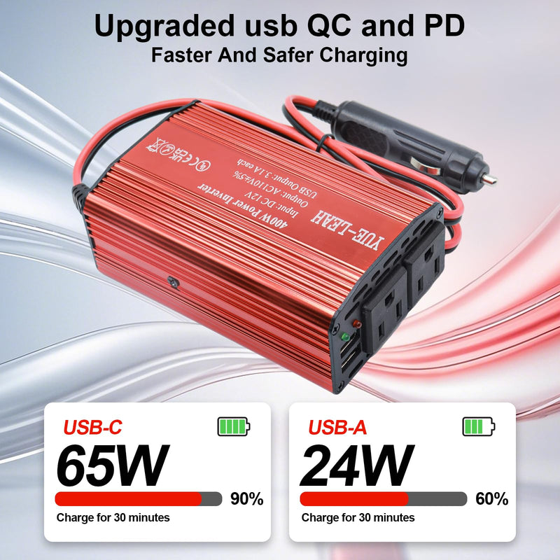 400W Power Inverter, 12V to 110V Car Inverter with 2 AC Outlets & Dual 6.2A USB Ports for Laptop, Air Compressor & Fast Charging