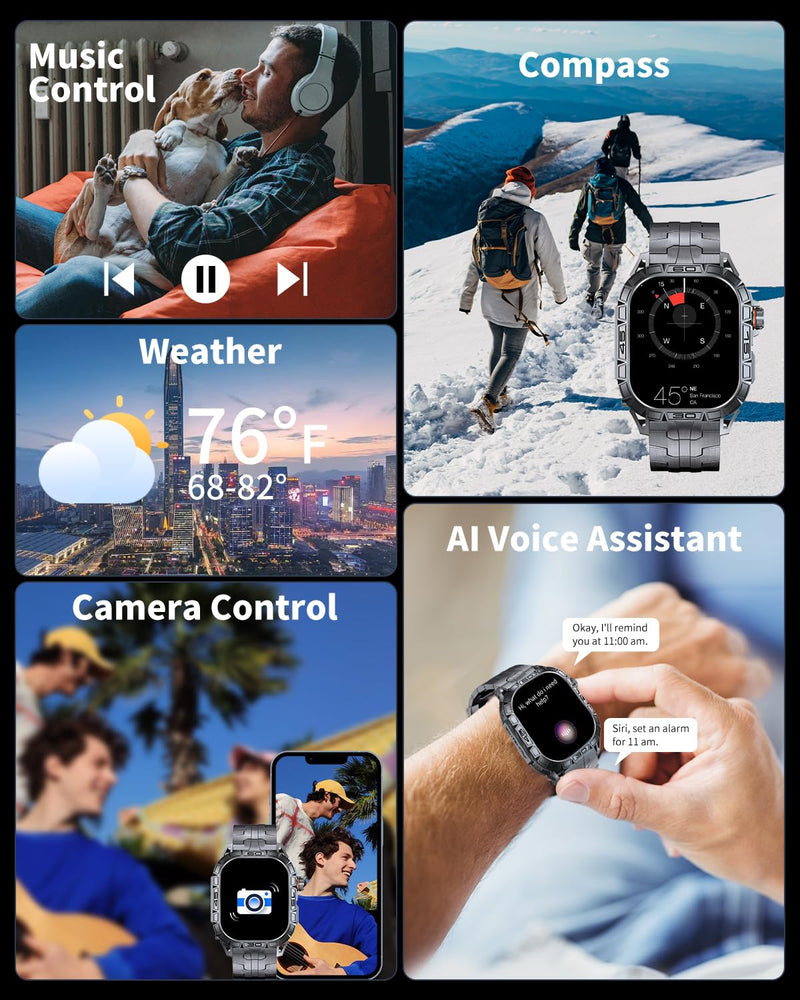 Military Smart Watch for Men with 1.96" AMOLED Screen, IP68 Waterproof Smartwatch with Bluetooth Call/Health Monitor/Sleep Monitor, 100+ Sports Moeds Fitness Tracker for iOS Android