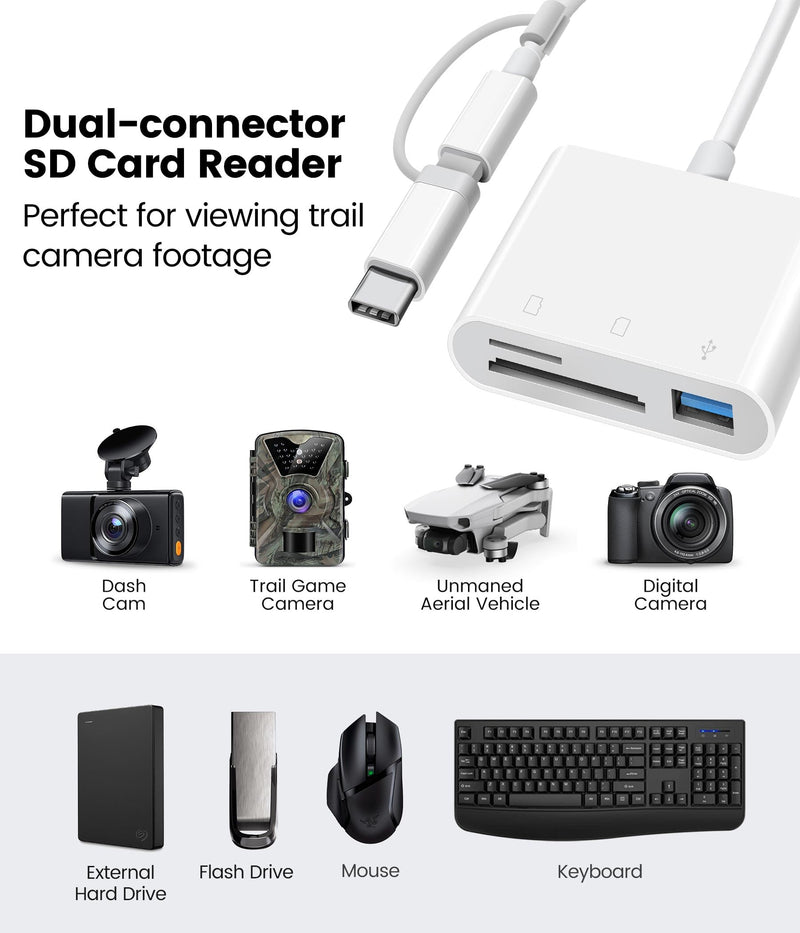SD Card Reader for iPhone iPad Trail Camera Viewer 3-in-1 SD Adapter with Dual Slots & USB Port, Memory Card Adapter Dual-connector Design with Lightening&USB-C for Photographers, Plug & Play 3 Slots to (Lightning+USBC)